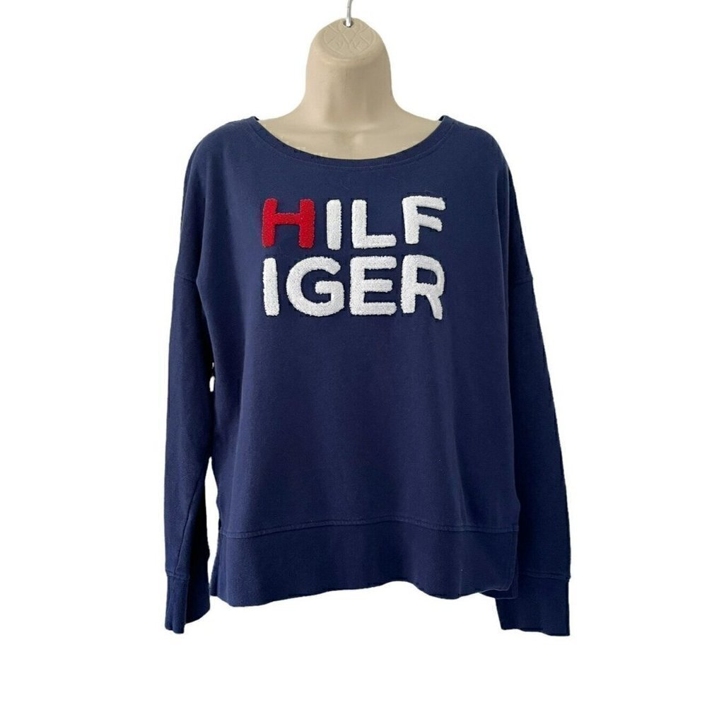 Tommy Hilfiger Womens Sz M Blue Crew Neck Sweatshirt Fuzzy Logo Spell Out